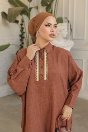 Düğmeli Dantel İşlemeli Salaş Keten Tunik  -Taba
