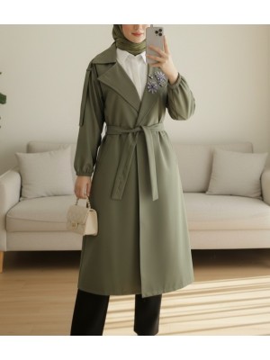 Broşlu Taş Detaylı Balon Kol Trençkot     -Haki