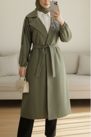 Broşlu Taş Detaylı Balon Kol Trençkot     -Khaki