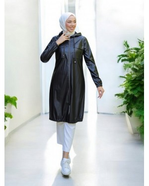 Zippered Leather Jacket with Flap Pocket -Black