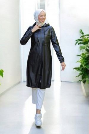 Kapaklı Cepli Boydan Fermuarlı Deri Kap -Siyah