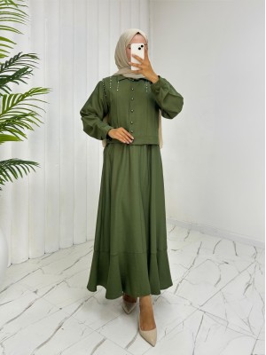 Omuzu Taşlı Düğmeli Ceket Etek Keten Takım -Haki