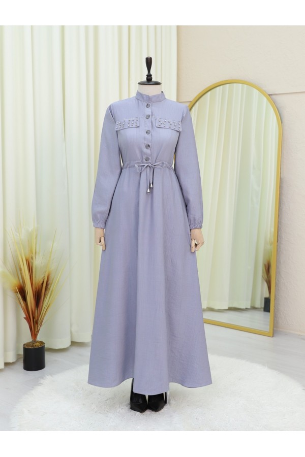 Dress with Stoned Pockets, Elasticated Sleeves and Tied Waist -Grey