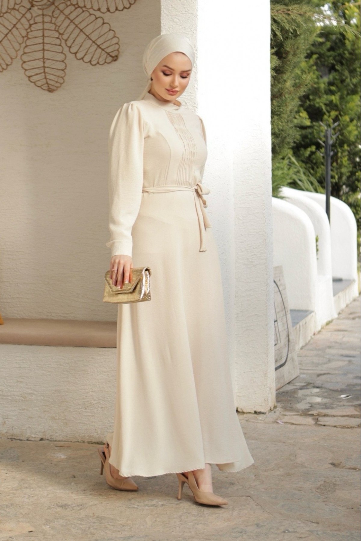 Belted Ayrobin Dress with Çima Detail -Cream color