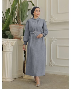 Belted Linen Dress with Stone Collar, Gathered Sleeves -Grey