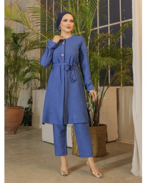 Taş İşlemeli Boydan Düğmeli Kuşaklı Keten Uzun Tunik -İndigo