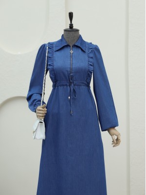 Yarım Fermuarlı Tünel Bağcıklı Kot Elbise -İndigo