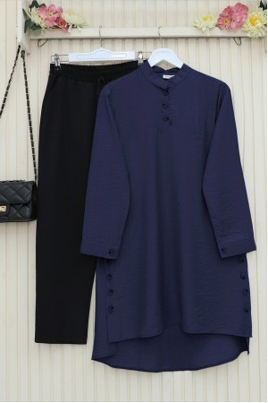 تونك بياقة قاضي مزينة بأزرار       -كحلي