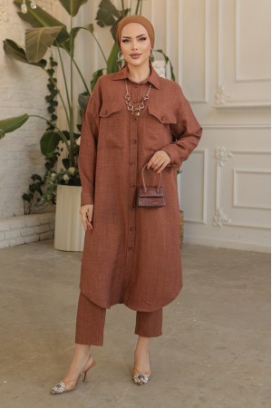 Çift Cepli Boydan Düğmeli Kolyeli Uzun Keten Tunik  -Kahve