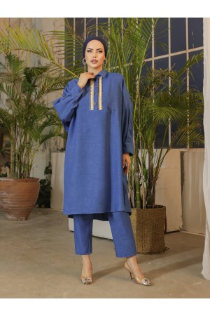 تونيك كتان كاجوال مطرز بالدانتيل بأزرار -اللون النيلي