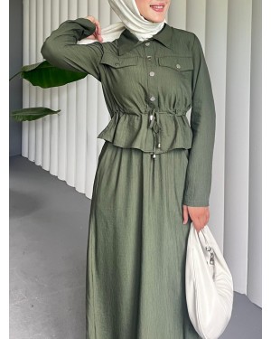 Metal Düğmeli Beli Bağlamalı Gömlek Jile Elbise -Haki