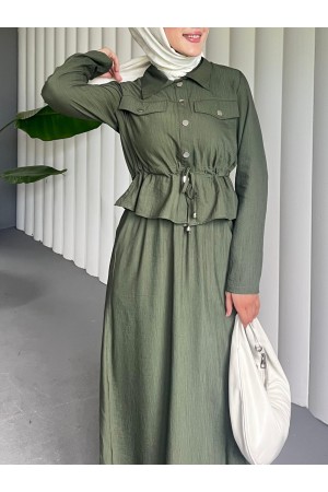 Metal Düğmeli Beli Bağlamalı Gömlek Jile Elbise -Haki