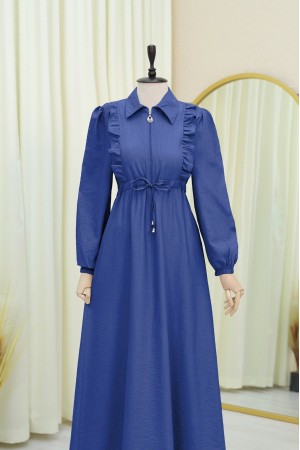 Half Buttoned Tunnel Laced Dress with Ruffle Front -İndigo