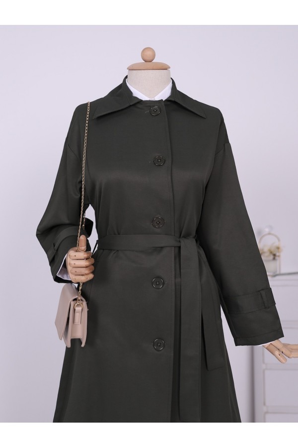 Buttoned Waist Tied Arm Epaulette Trench Coat -Khaki