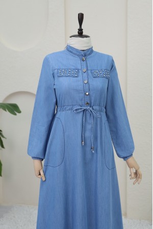 Taşlı Cep Detaylı Tünel Bağcıklı Kot Elbise -Açık Mavi