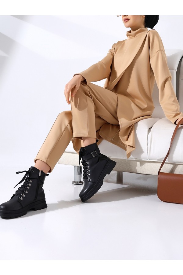 Stand Collar Front Double Layer Tunic Trousers Scuba Suit -Mink color