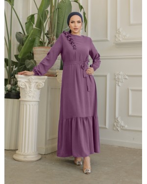 Fırfır Taş Detaylı Parça Eteklii Kemerli Ayrobin Elbise  -لون الكرز