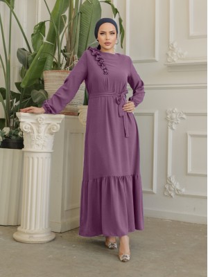 Ruffle Stone Detailed Piece Skirt Belted Ayrobin Dress  -Cherry Color