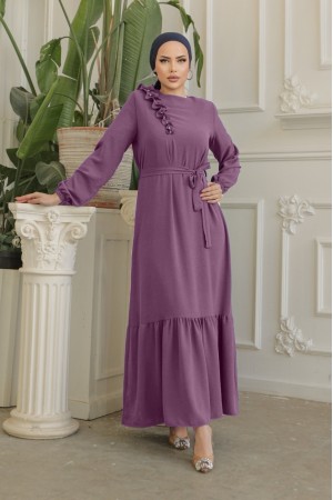 Ruffle Stone Detailed Piece Skirt Belted Ayrobin Dress  -Cherry Color