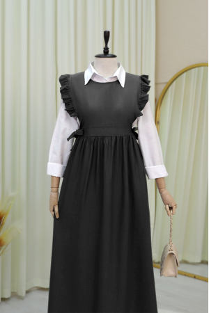 Waist Tied Ruffle Detailed Vest Dress -Black