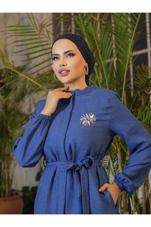 Broşlu Keten Tunik -İndigo