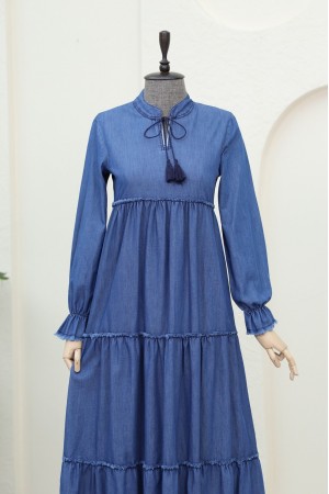 Kolları Lastikli Parçalı Kot Elbise   -İndigo