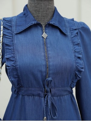 Yarım Fermuarlı Tünel Bağcıklı Kot Elbise -İndigo