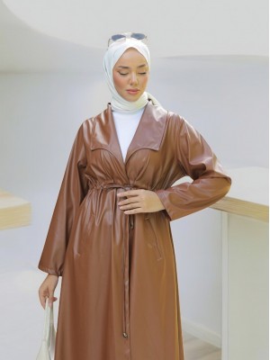 Tünel Bağcıklı Çift Cepli Deri Kap  -Taba