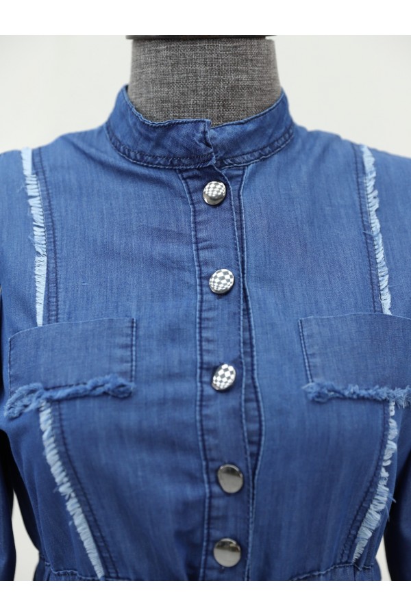 Half Buttoned Tassel Detailed Tunnel Laced Denim Dress -İndigo