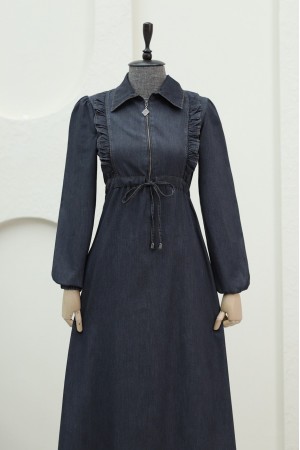 Yarım Fermuarlı Tünel Bağcıklı Kot Elbise -Antrasit