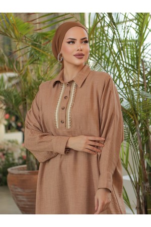 تونيك كتان كاجوال مطرز بالدانتيل بأزرار -تدرجات البيج