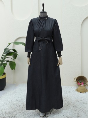 Kolu Lastikli Yakası Taşlı Kot Elbise -Antrasit