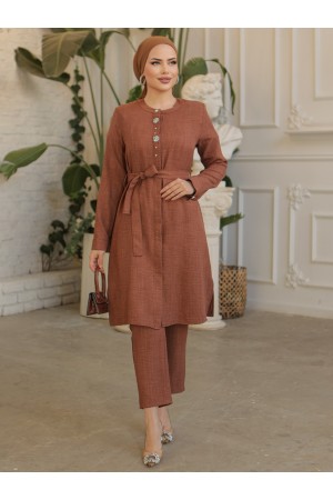 تونيك طويل من الكتان بأزرار مطرز بالأحجار -بني محروق