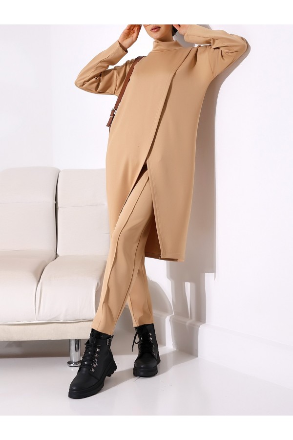 Stand Collar Front Double Layer Tunic Trousers Scuba Suit -Mink color