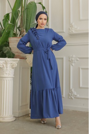 Ruffle Stone Detailed Piece Skirt Belted Ayrobin Dress -İndigo