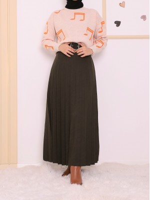 Tokalı Kemerli Pileli Kışlık Kadife Tesettür Etek -Haki