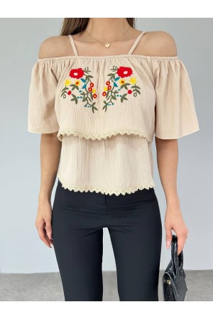 تي شيرت جبر مطرز روز -اللون البيج