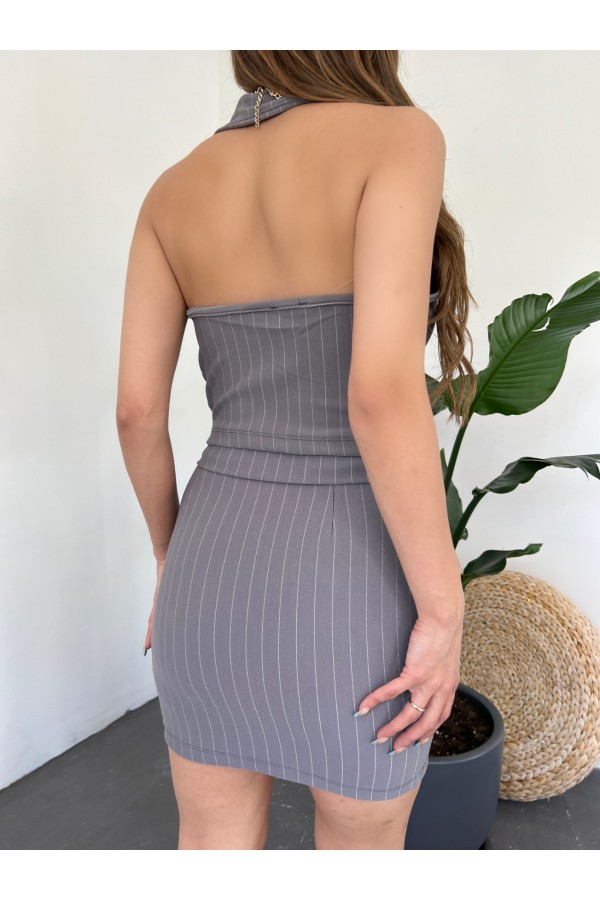 Top Vest Striped Skirt Double Suit -Grey