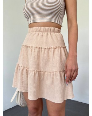 Parça Kumaş Beli Lastikli Şortlu Etek -Bej