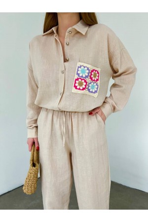 Pocket Colored Lacy Double Linen Set - Beige