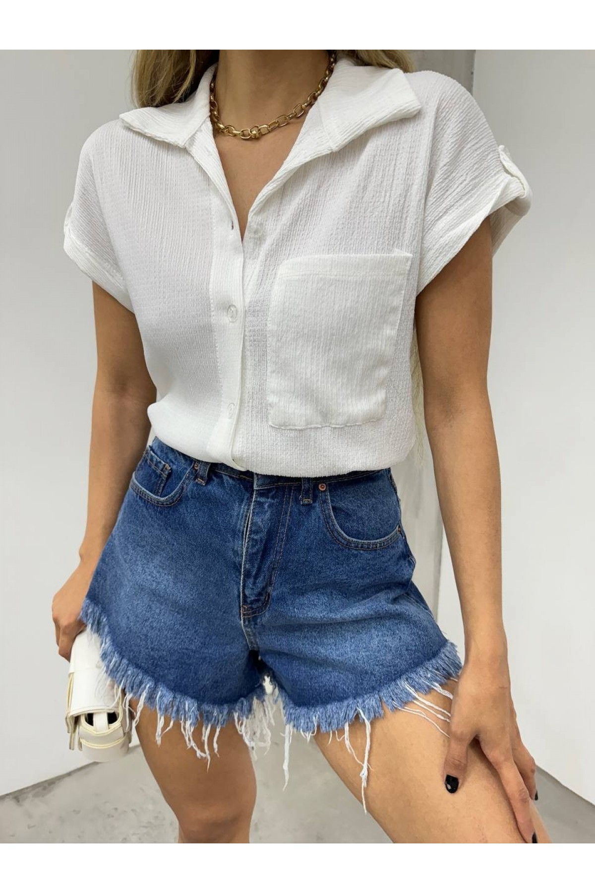 Double Sleeve Single Pocket Wrinkled Shirt  -White