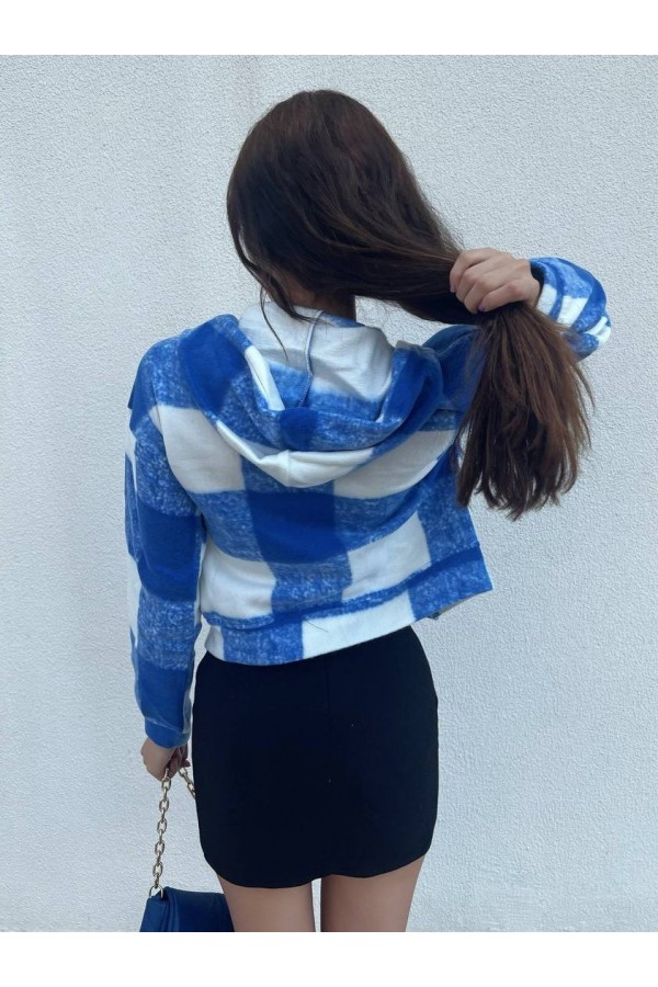 Hooded Plaid Fleece Crop Jacket -Blue