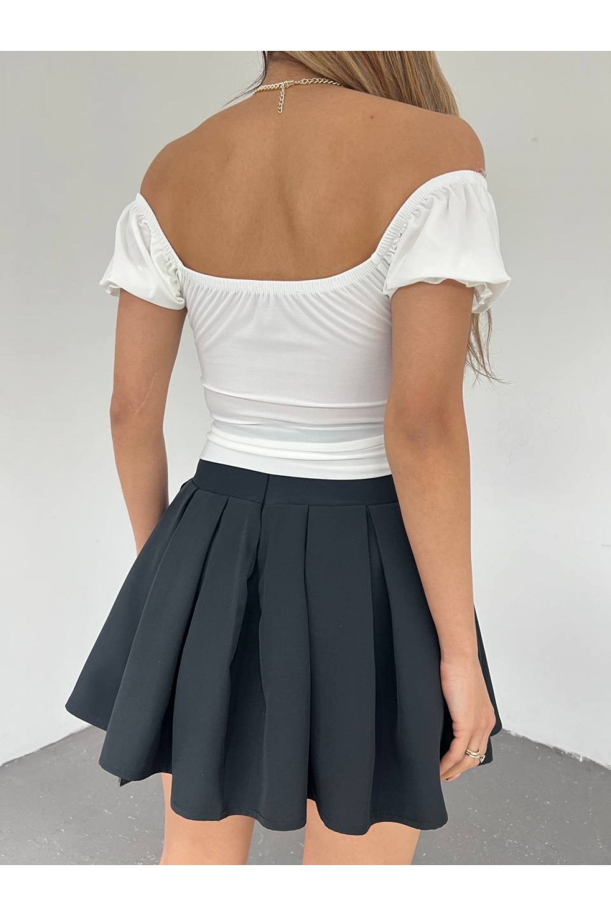 Kısa Kol Lastikli Crop -Ekru