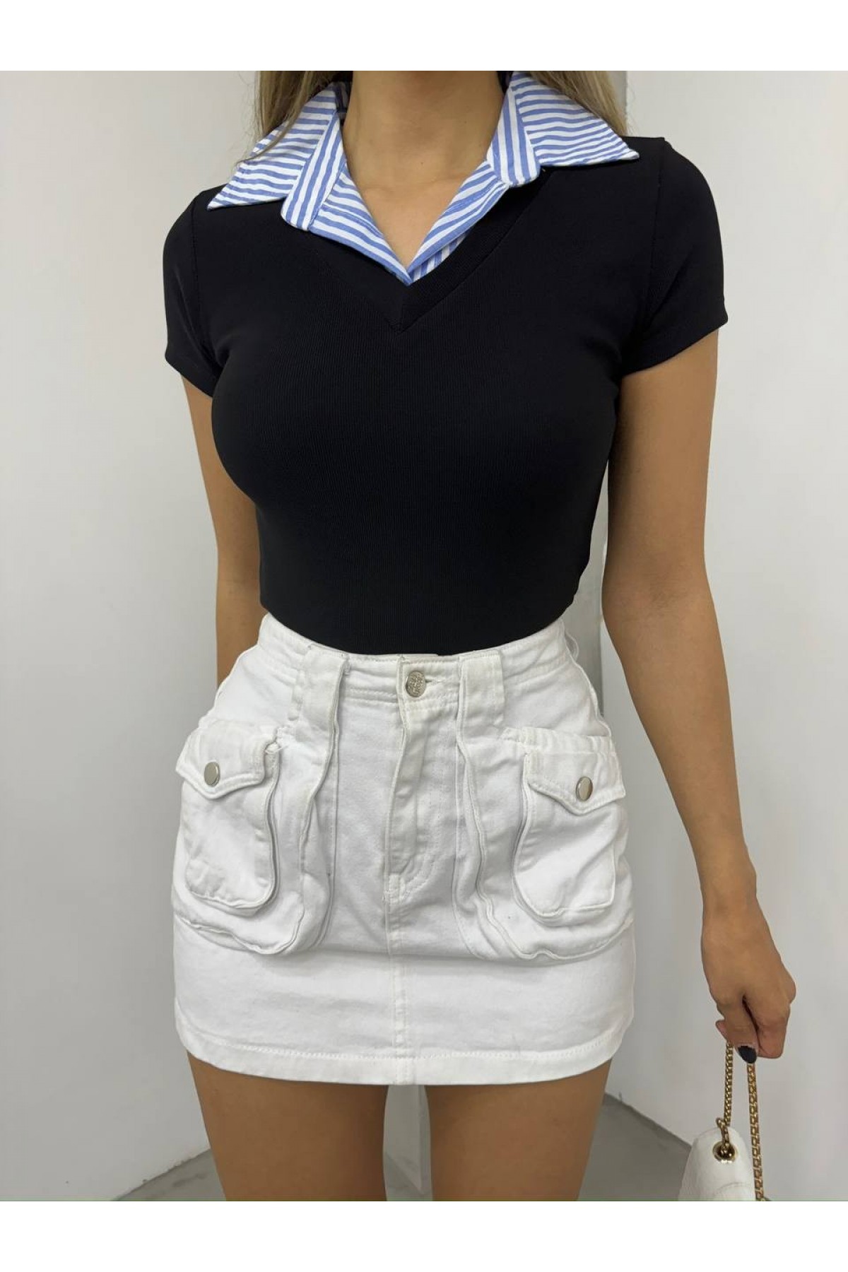 Striped Shirt Collar Blouse  -Black