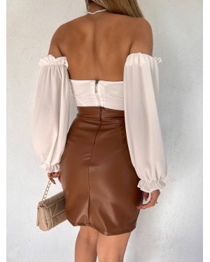 Dantel Detaylı Deri Etek -Taba