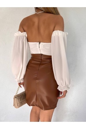 Leather Skirt with Lace Detail -Snuff