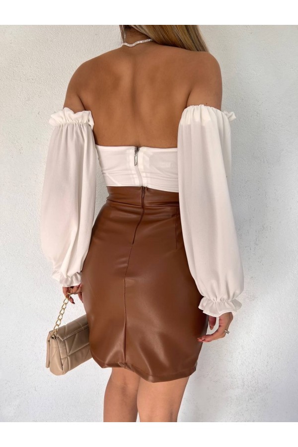 Leather Skirt with Lace Detail -Snuff