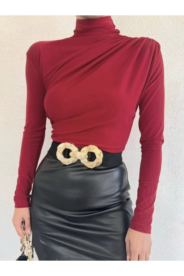 Half Neck Pleated Sandy Blouse  -Maroon