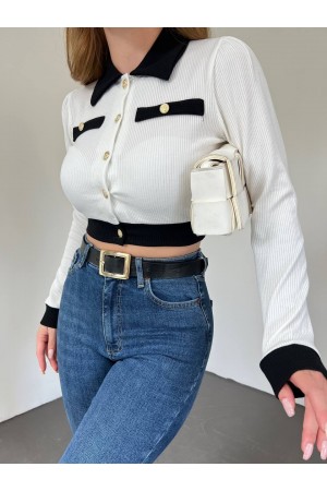 Düğmeli Cep Detaylı Crop Hırka -Beyaz