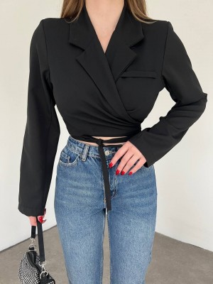 Backless Crop Jacket with Lace-Up Waist -Black